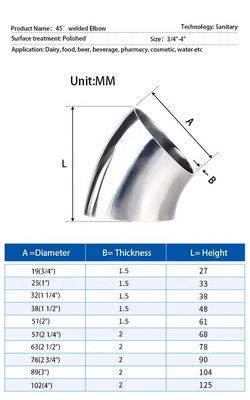 Connessione di saldatura sanitaria forgiata SS304 316L 45 gradi gomito per olio acqua gas latte